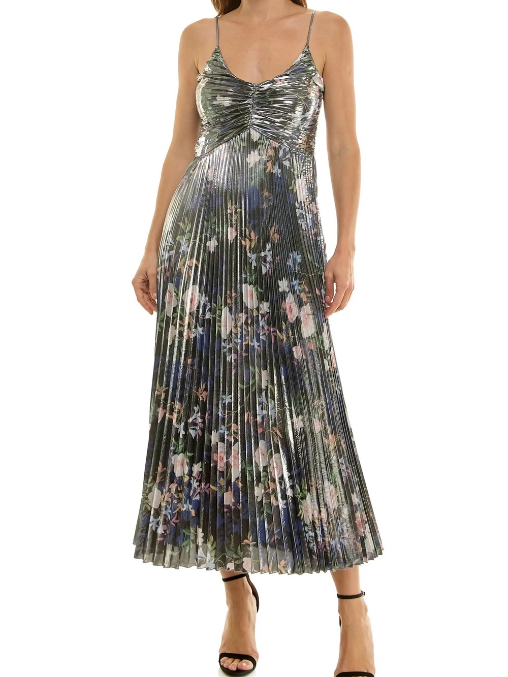 Nicole Miller Silver Metallic Floral Pleated Maxi Dress